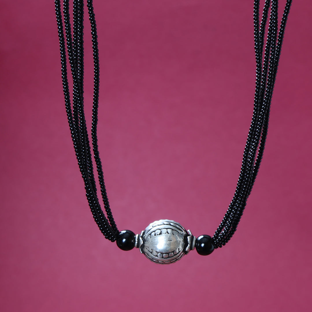 Black Beaded Silver Pendant Necklace | Minimalist Jewelry for Women