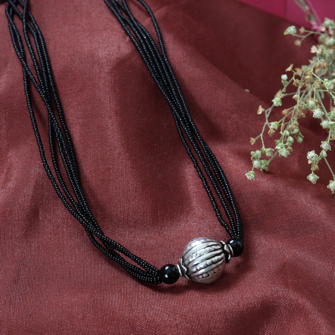 Black Beaded Silver Pendant Necklace | Minimalist Jewelry for Women