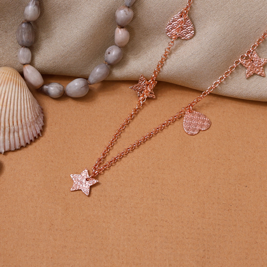 Rose gold plating Star & Heart Charm Necklace | Dainty Chain for Women