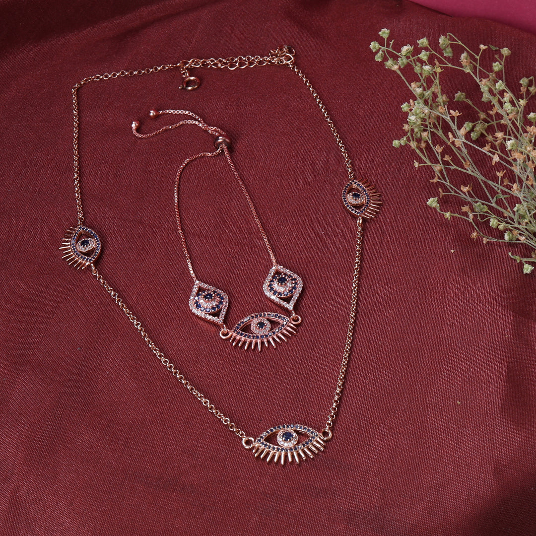 Rose Gold Evil Eye Jewelry Set | Necklace & Bracelet | Protection