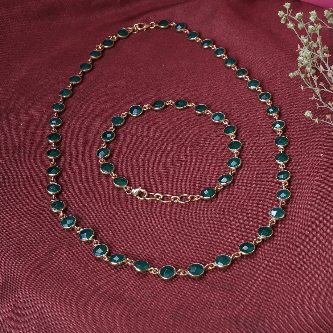 Gold Emerald Green Stone Necklace & Bracelet Set | Women's Jewelry Gift