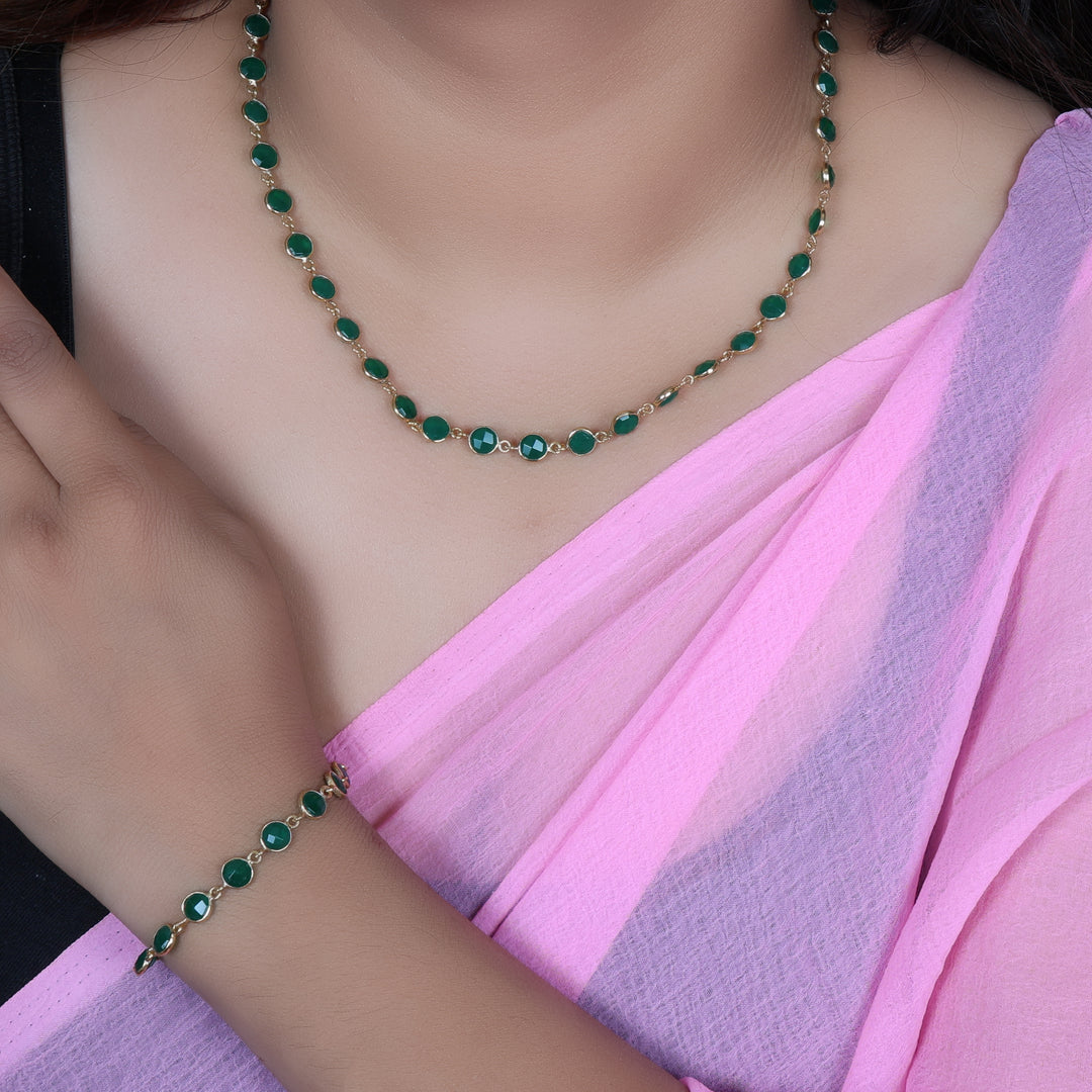 Gold Emerald Green Stone Necklace & Bracelet Set | Women's Jewelry Gift