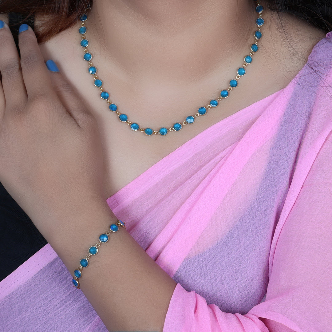 Gold Blue Gemstone Necklace & Bracelet Set for Women | Gift Jewelry