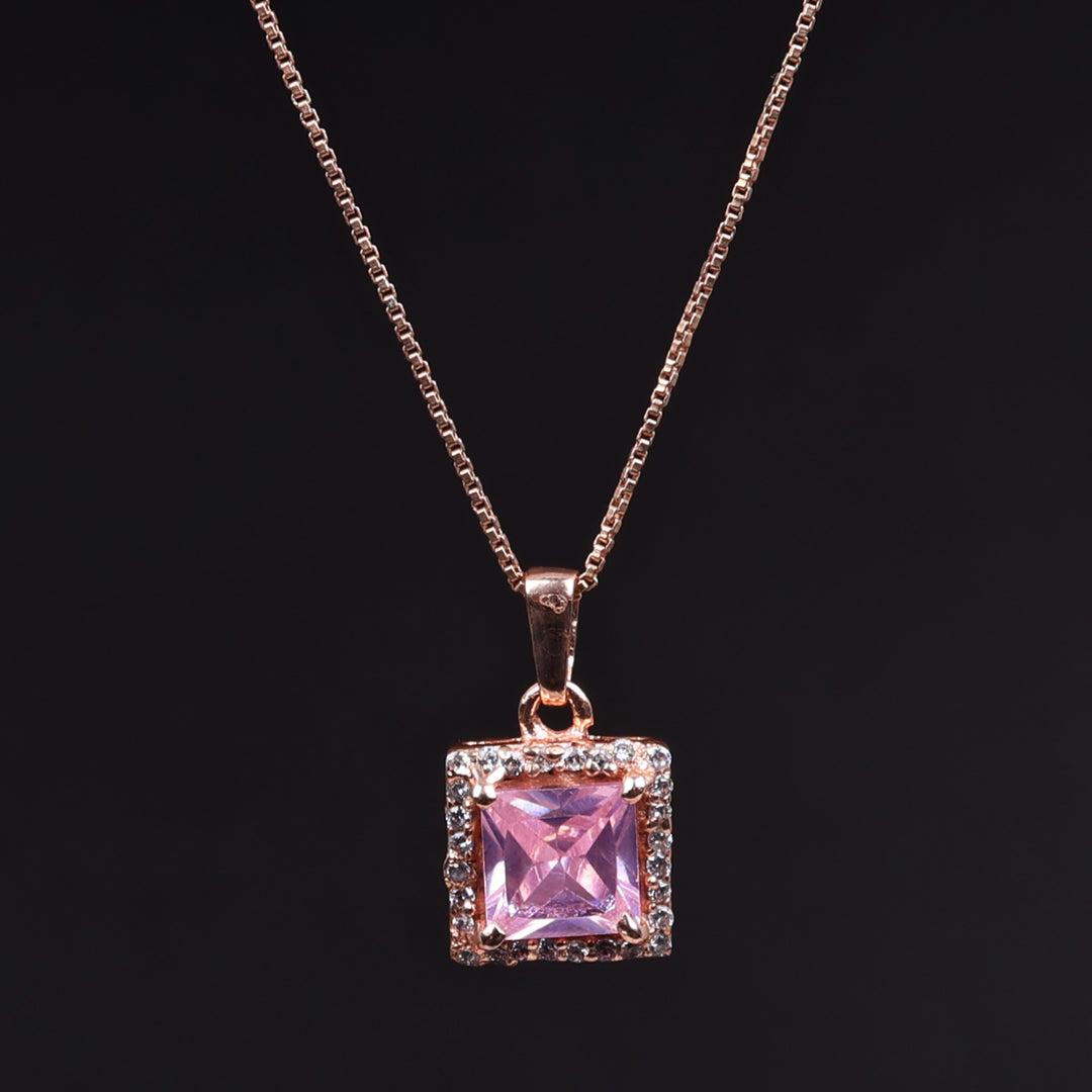 Rose Gold Plated Solitaire Princess Cut Pink Stone Pendant Necklace