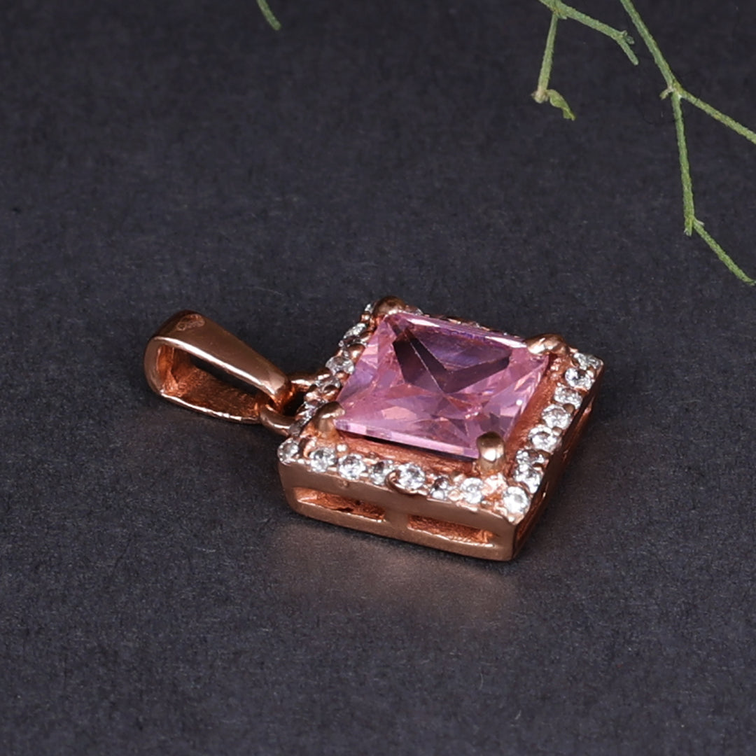 Rose Gold Plated Solitaire Princess Cut Pink Stone Pendant Necklace