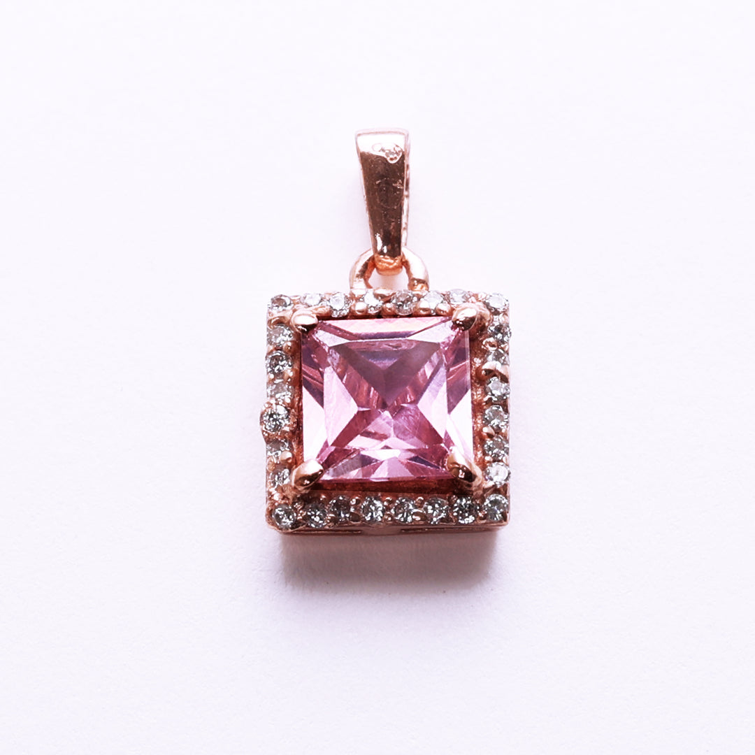 Rose Gold Plated Solitaire Princess Cut Pink Stone Pendant Necklace