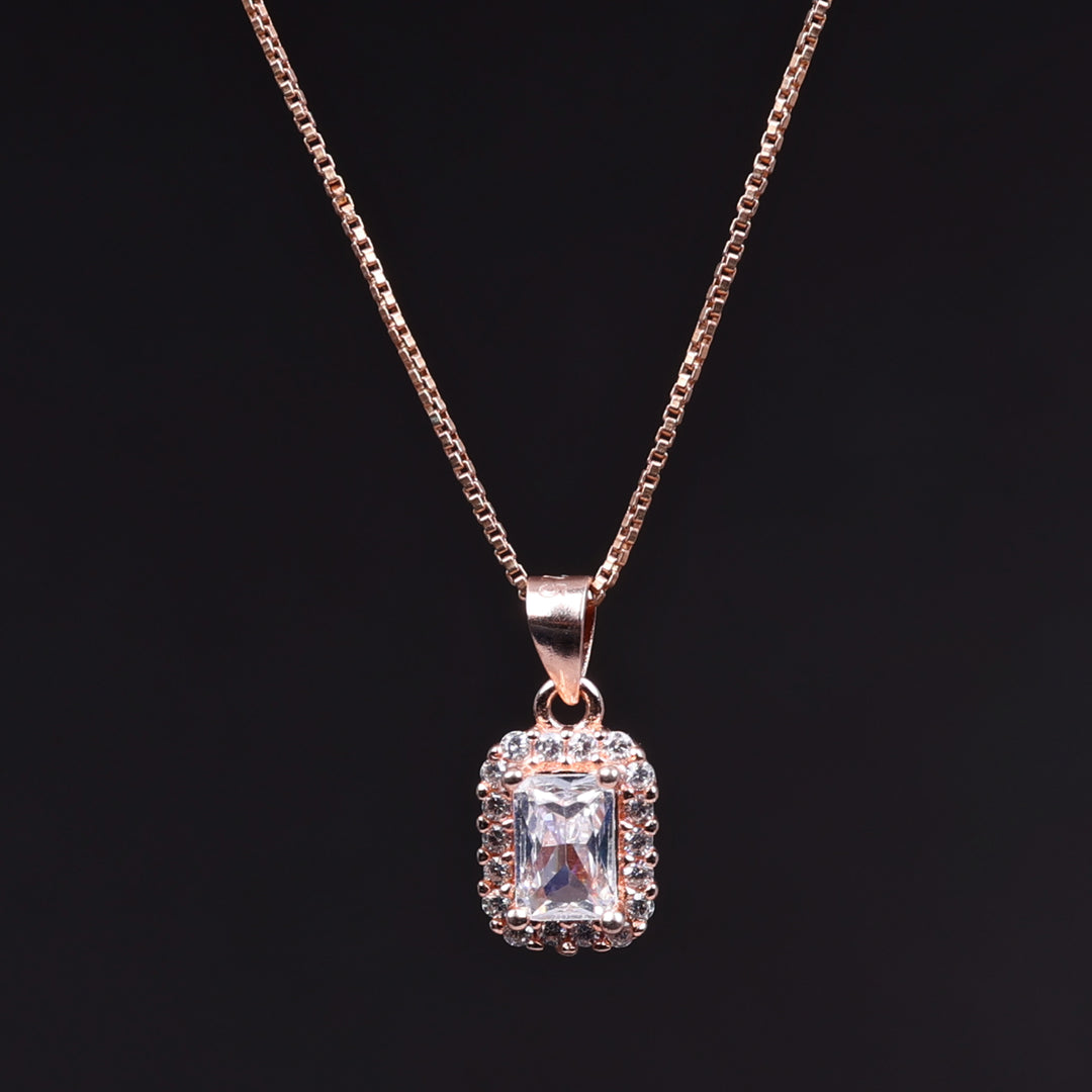 Rose Gold Plated Emerald Cut Cubic Zirconia Halo Pendant Necklace