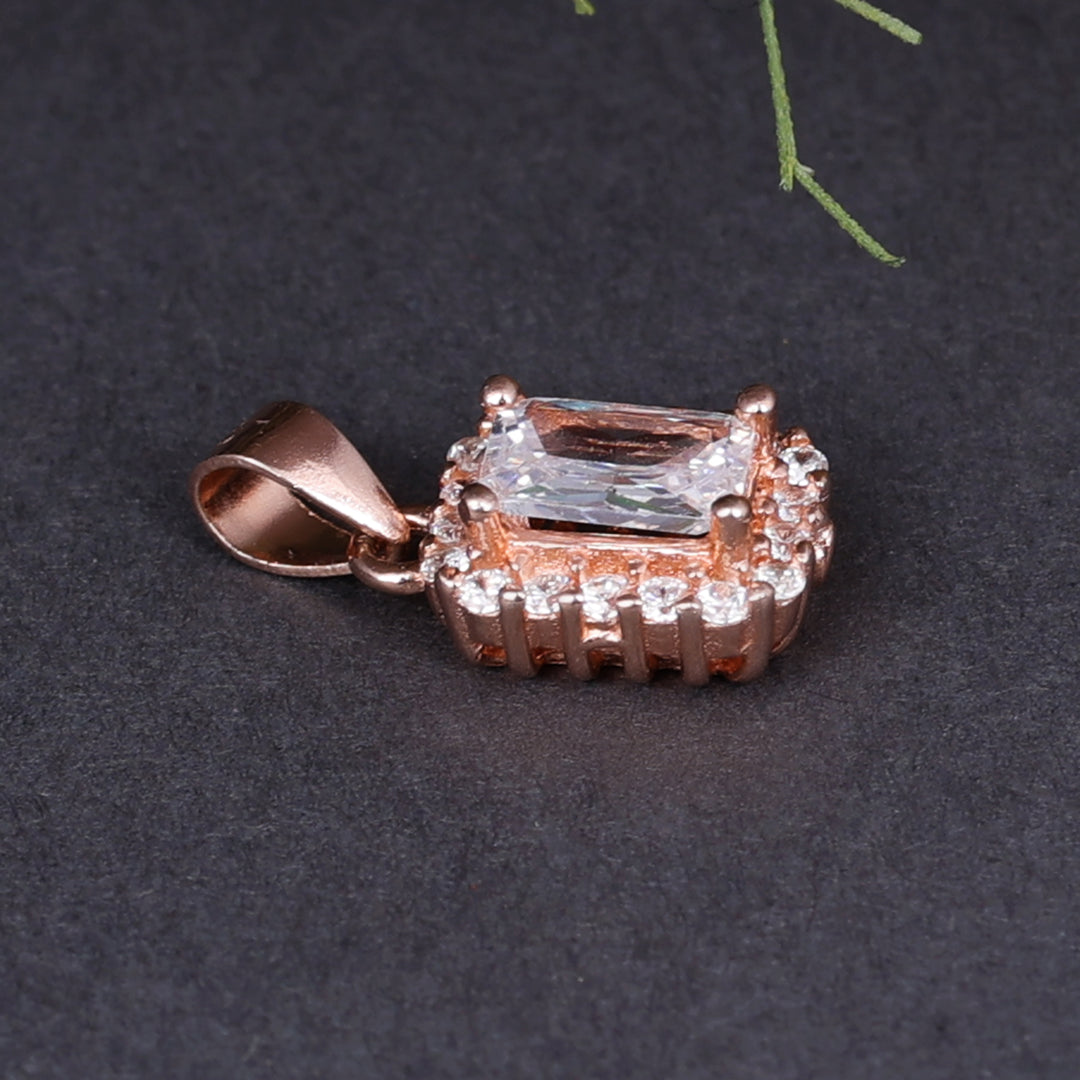 Rose Gold Plated Emerald Cut Cubic Zirconia Halo Pendant Necklace