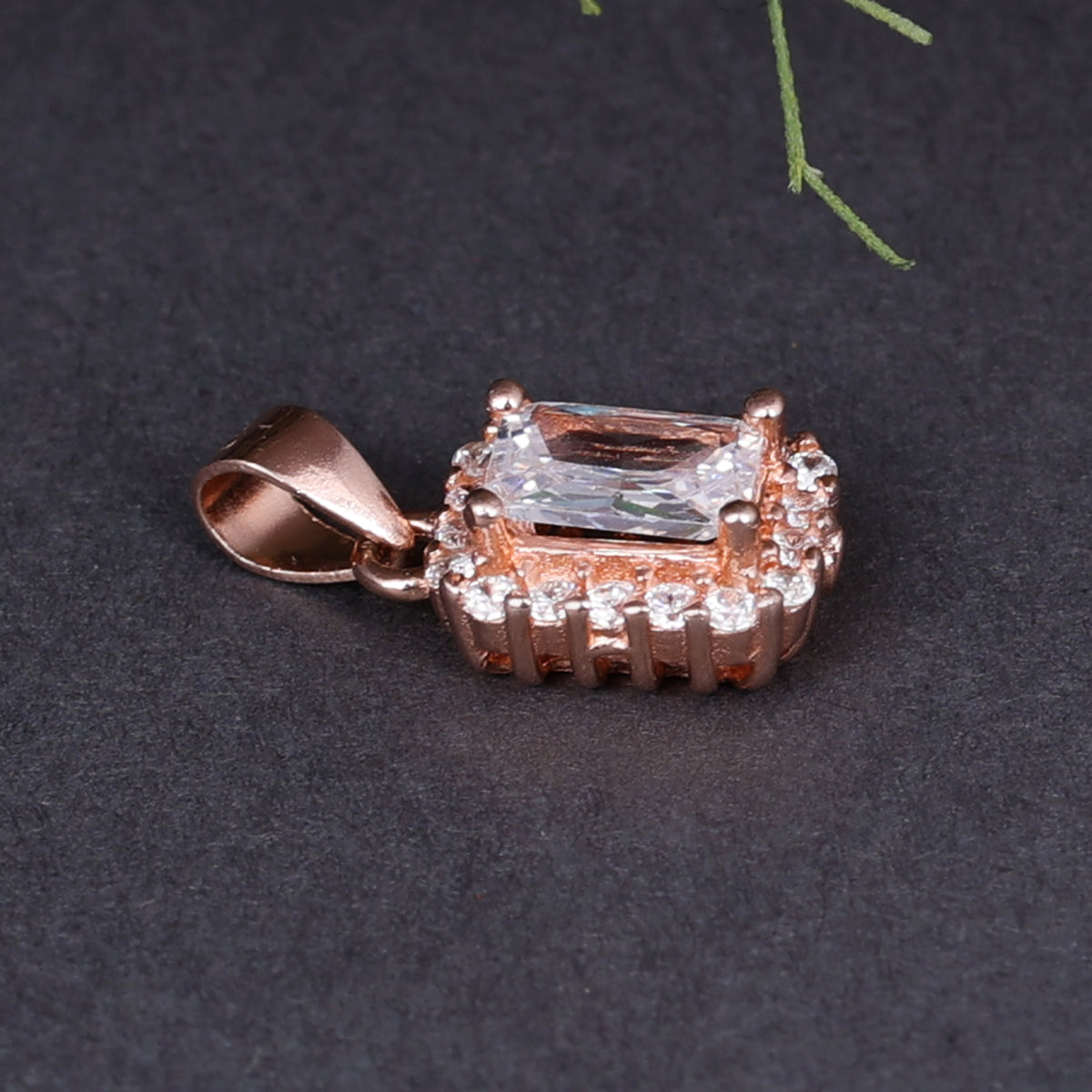 Rose gold plated emerald cut cubic zirconia halo pendant necklace