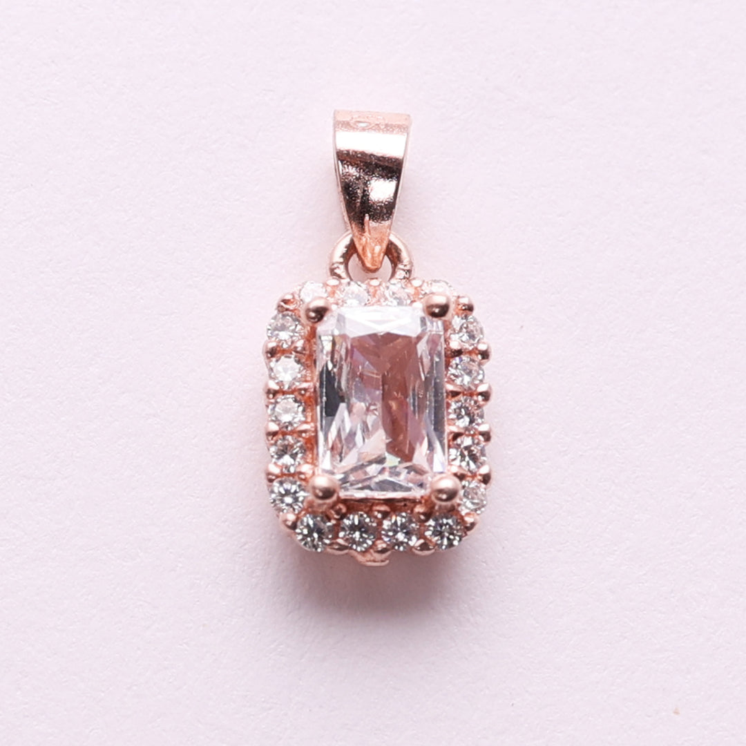 Rose Gold Plated Emerald Cut Cubic Zirconia Halo Pendant Necklace