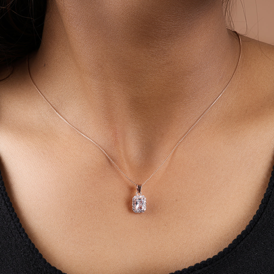 Rose Gold Plated Emerald Cut Cubic Zirconia Halo Pendant Necklace