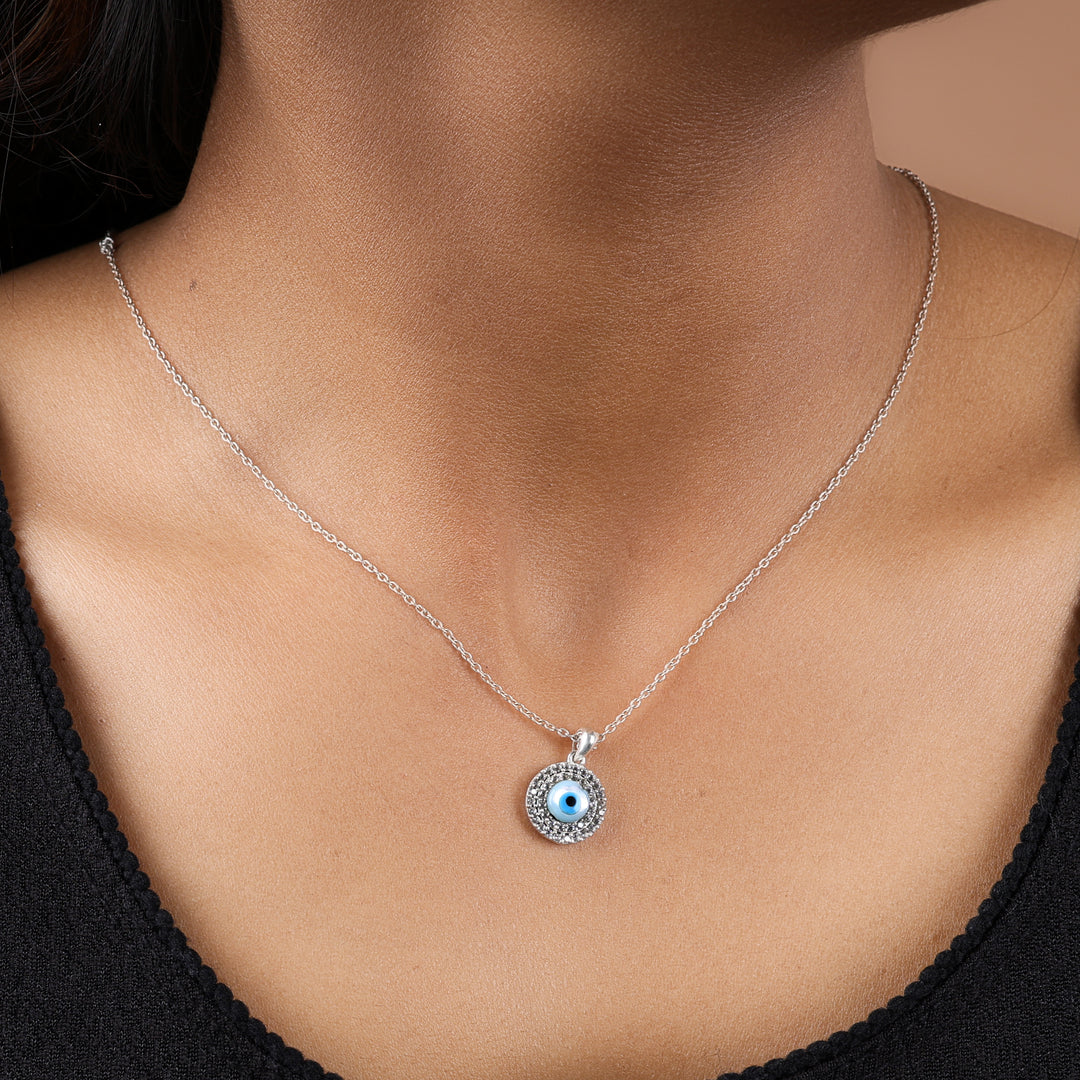 925 Sterling Silver Evil Eye Pendant Necklace with Rhinestones for Women