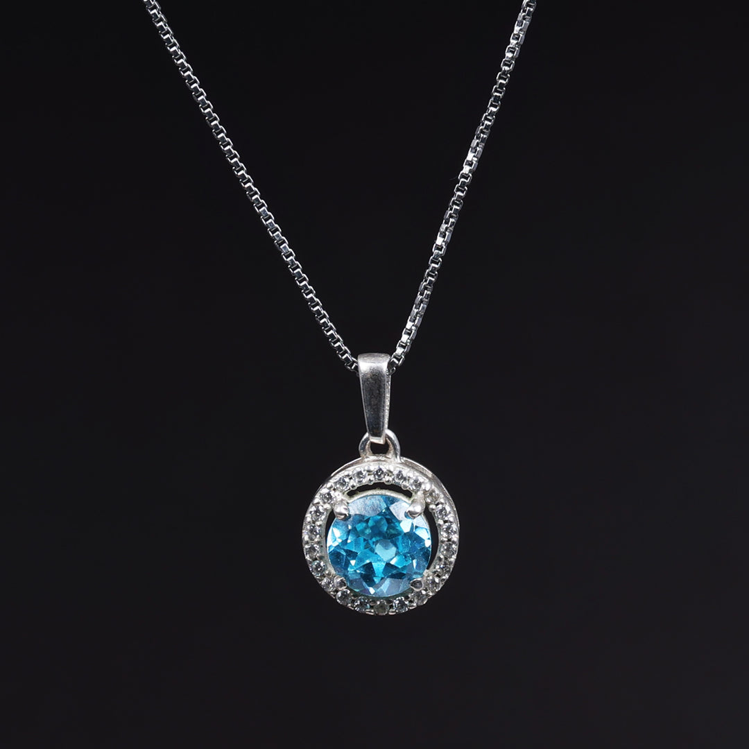 Sterling Silver Halo Blue Topaz Pendant Necklace for Women