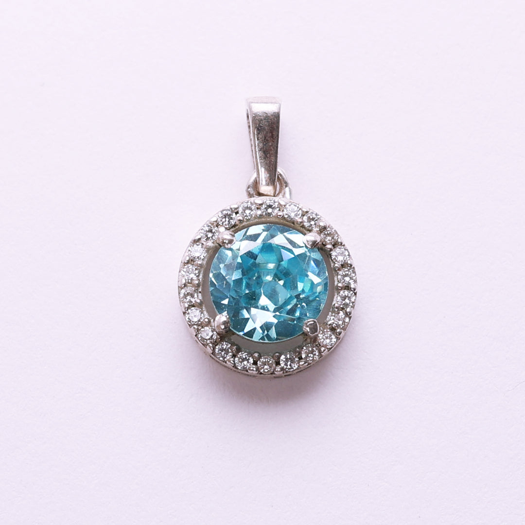 Sterling Silver Halo Blue Topaz Pendant Necklace for Women