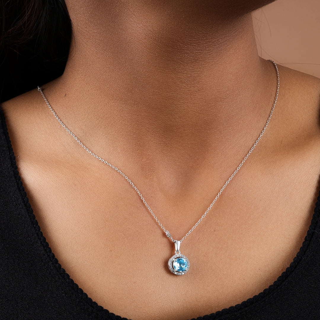 Sterling Silver Halo Blue Topaz Pendant Necklace for Women