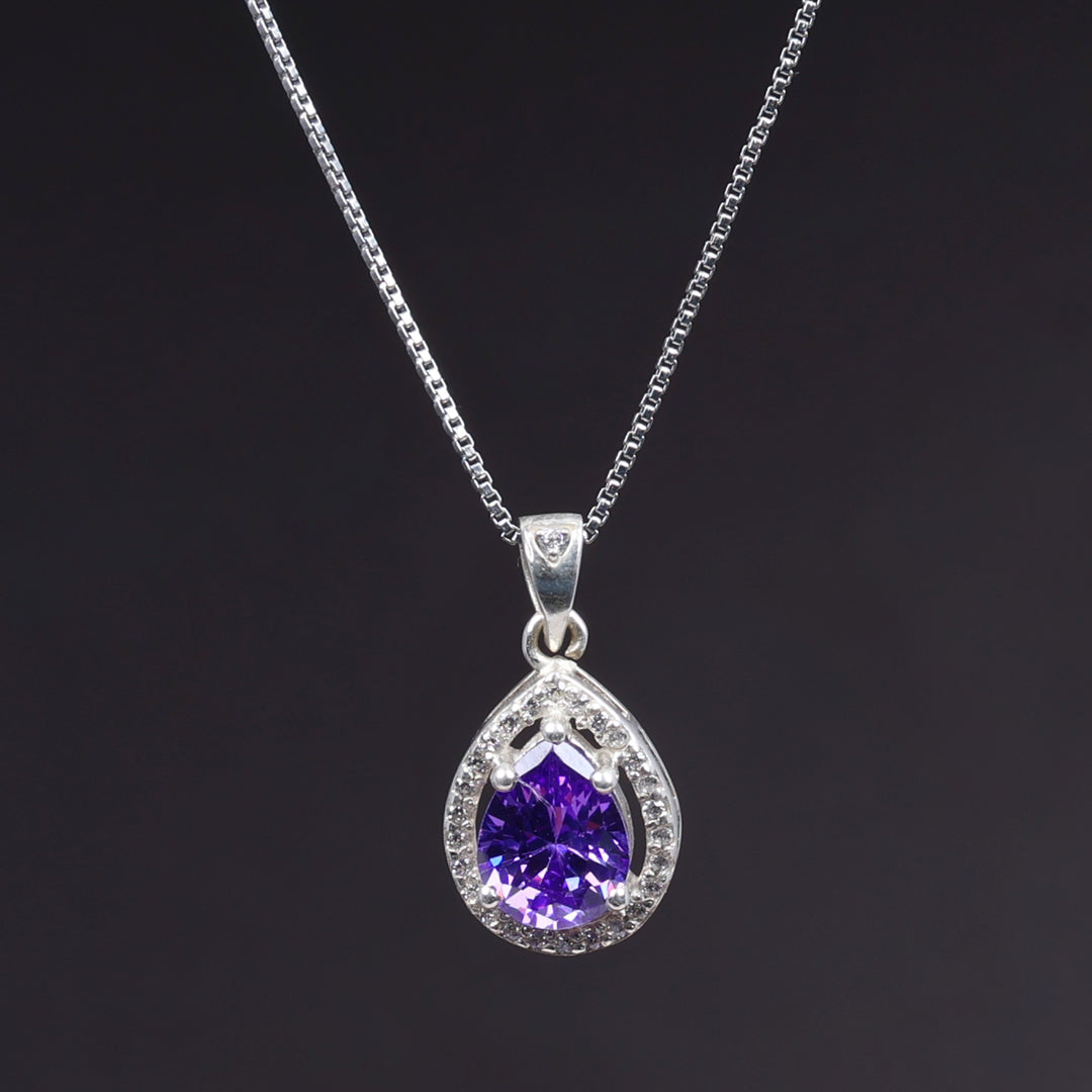 Sterling Silver Pear Amethyst Cubic Zirconia Halo Pendant Necklace