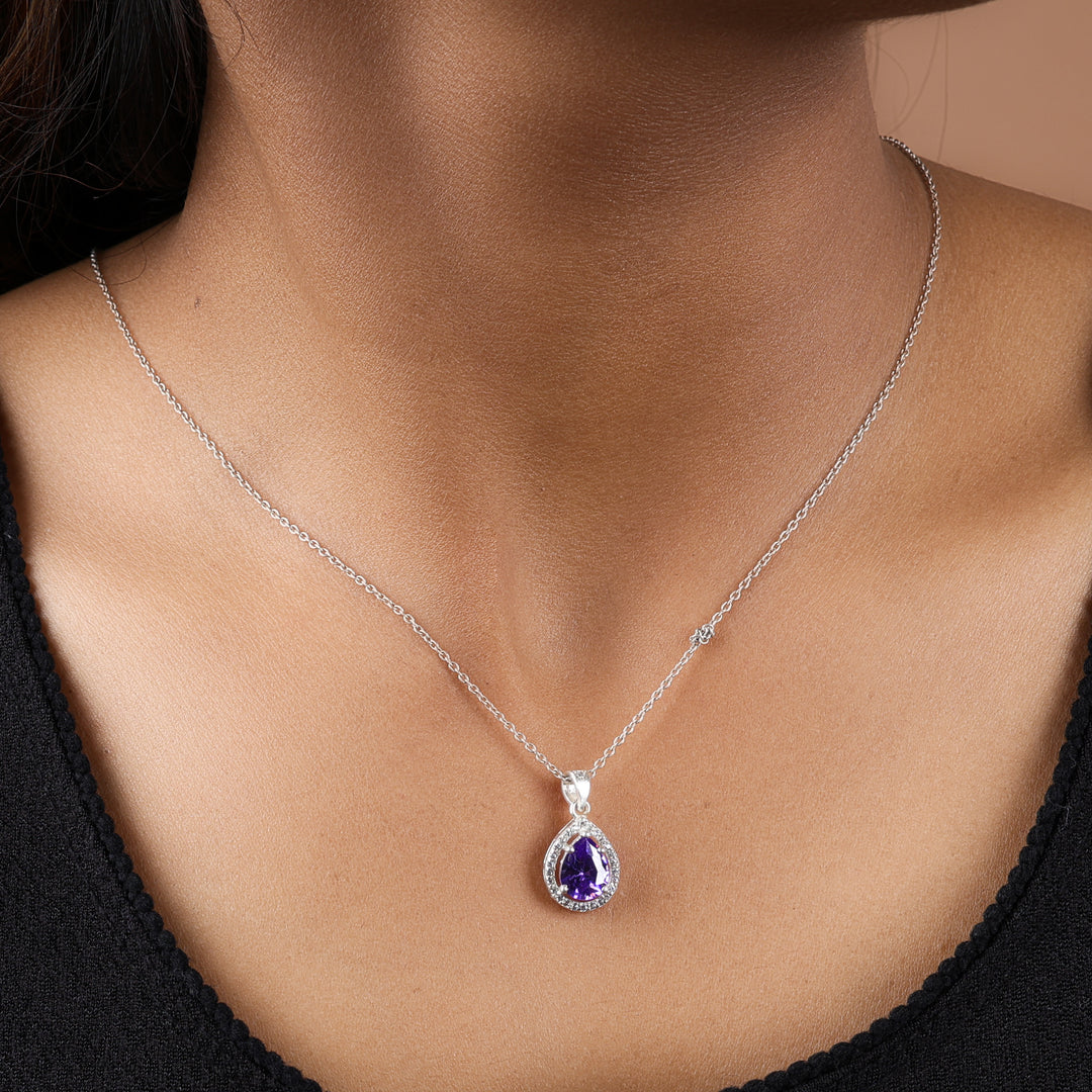 Sterling Silver Pear Amethyst Cubic Zirconia Halo Pendant Necklace