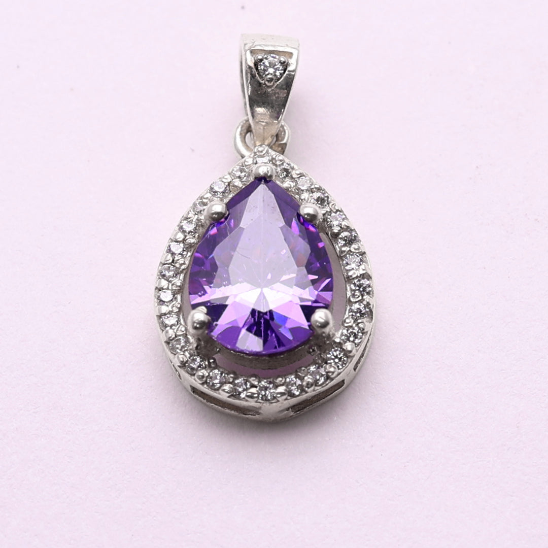 Sterling Silver Pear Amethyst Cubic Zirconia Halo Pendant Necklace