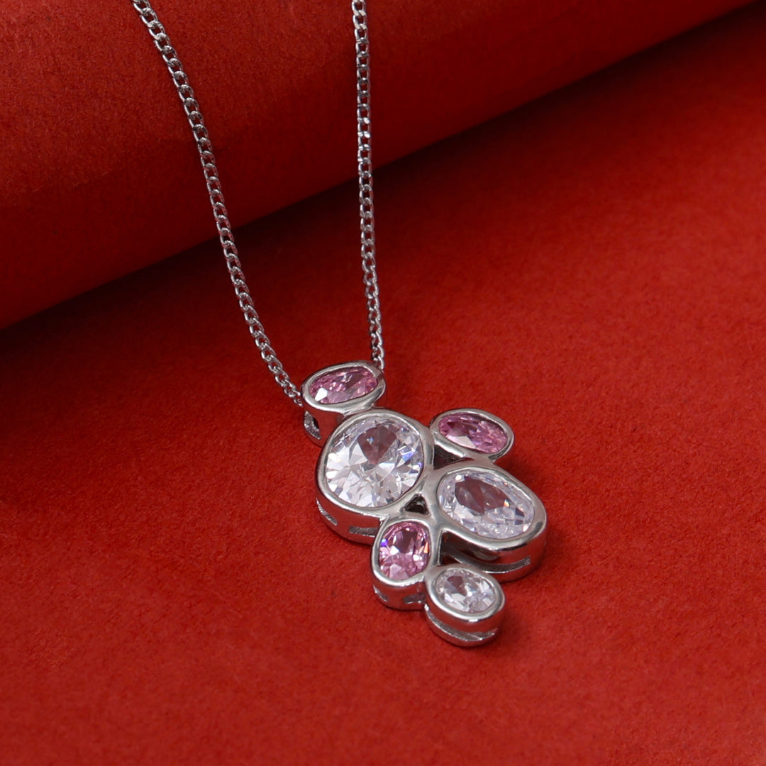 925 Silver Pink & White Gemstone Pendant Necklace for Women