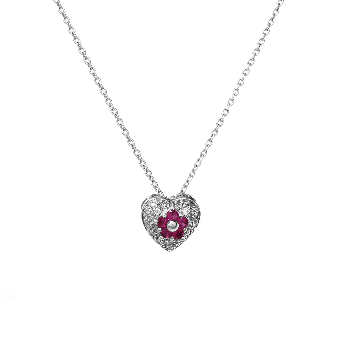 925 Silver Ruby Flower Heart Pendant Necklace for Women