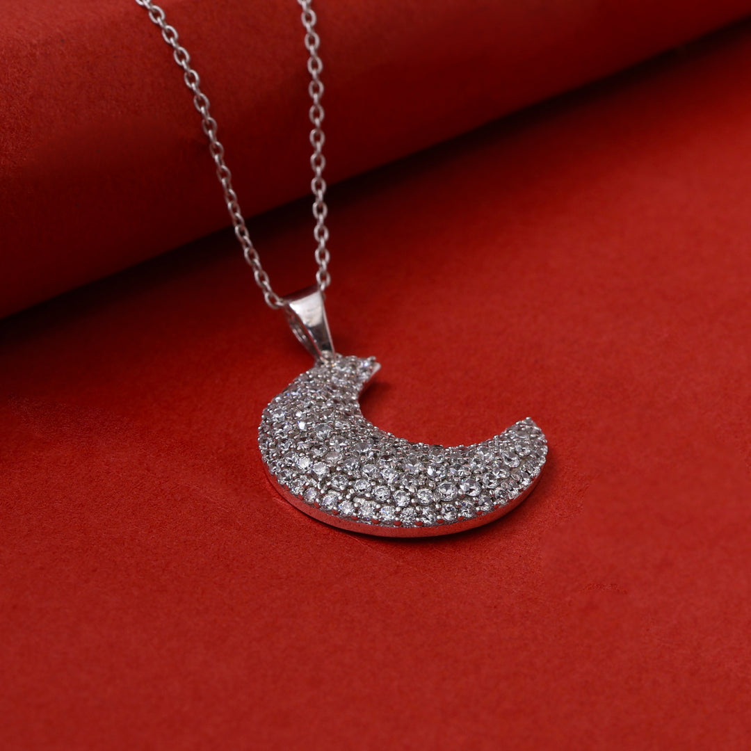 925 Silver Cubic Zirconia Crescent Moon Necklace for Women