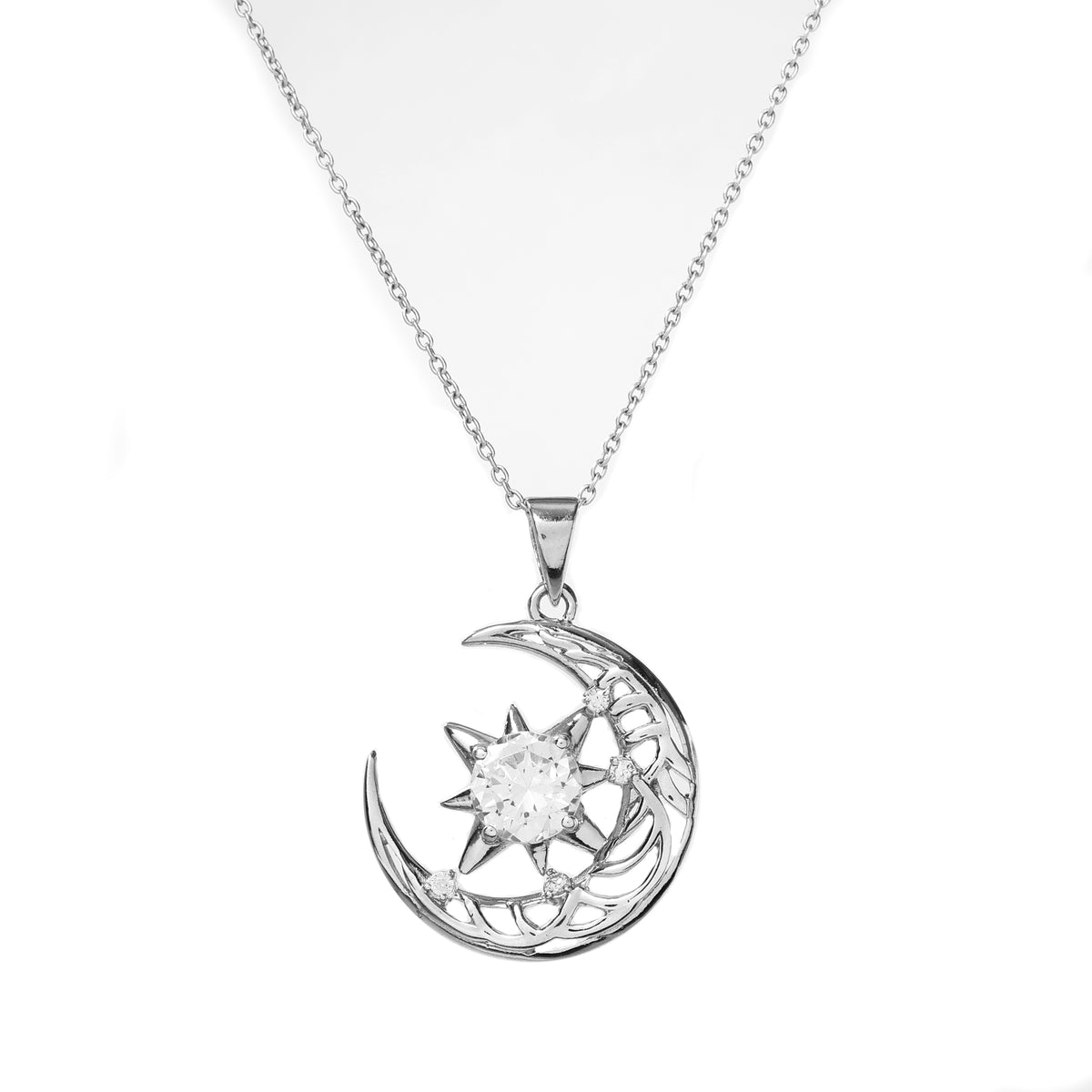 925 silver crescent moon & star pendant necklace for women