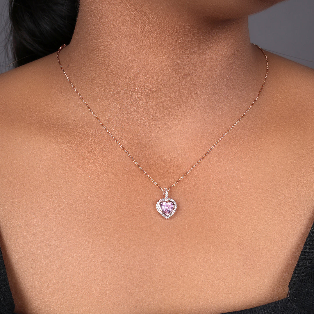 Rose gold plating Heart Pendant Necklace | Pink Gemstone | Gift for Her