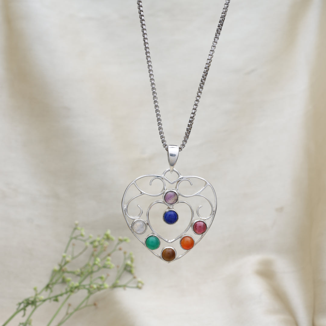 925 Sterling Silver Heart Chakra Pendant Necklace with Seven Stones