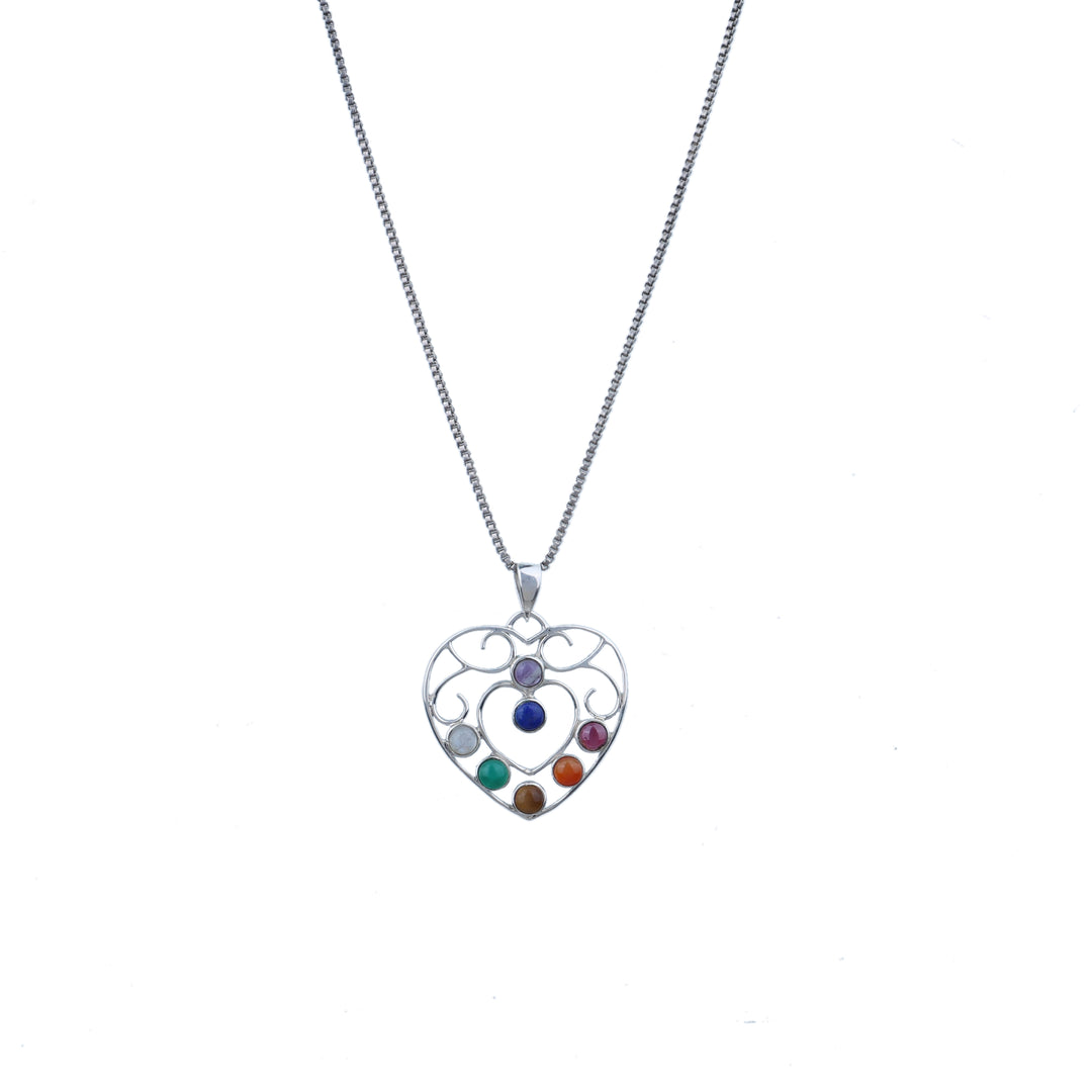 925 Sterling Silver Heart Chakra Pendant Necklace with Seven Stones