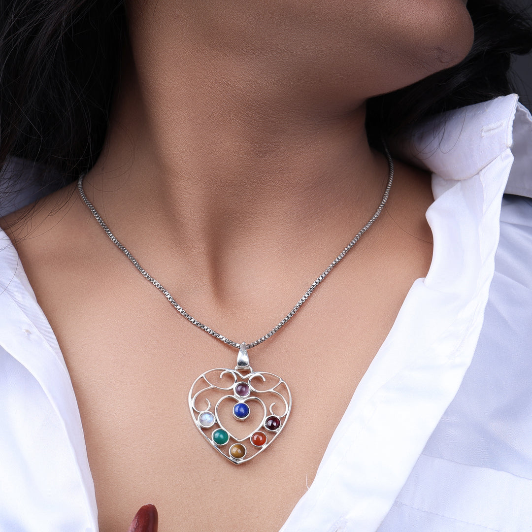 925 Sterling Silver Heart Chakra Pendant Necklace with Seven Stones
