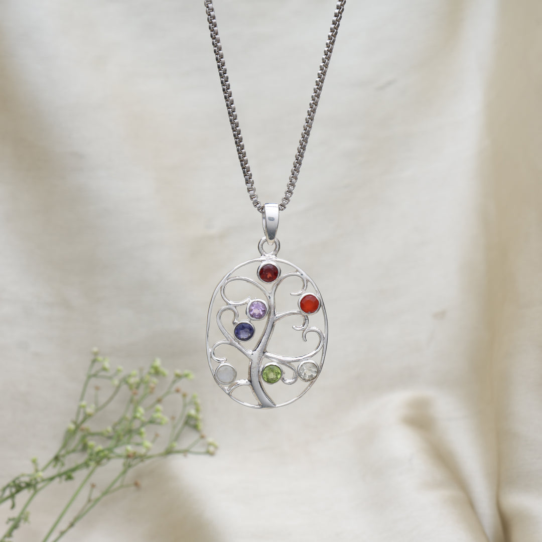 925 Sterling Silver Tree of Life Chakra Pendant Necklace