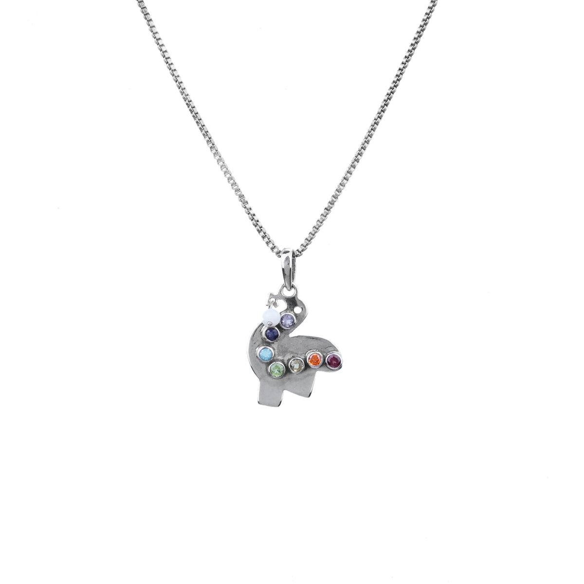 Sterling silver llama necklace with multi color chakra gemstones