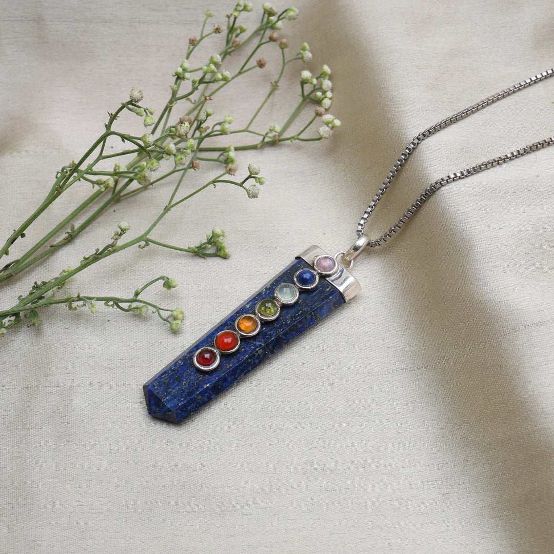 Lapis Lazuli 7 Chakra Point Pendant Necklace with Box Chain