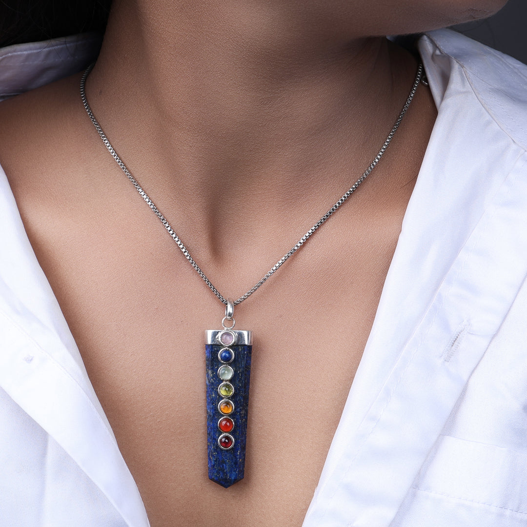 Lapis Lazuli 7 Chakra Point Pendant Necklace with Box Chain