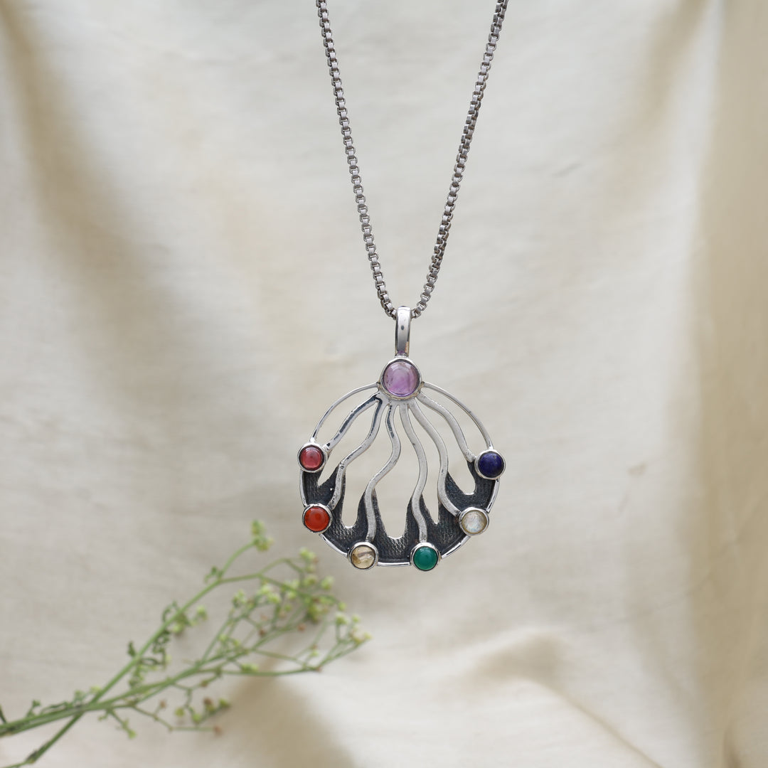 Sterling Silver 7 Chakra Pendant Necklace with Natural Gemstones