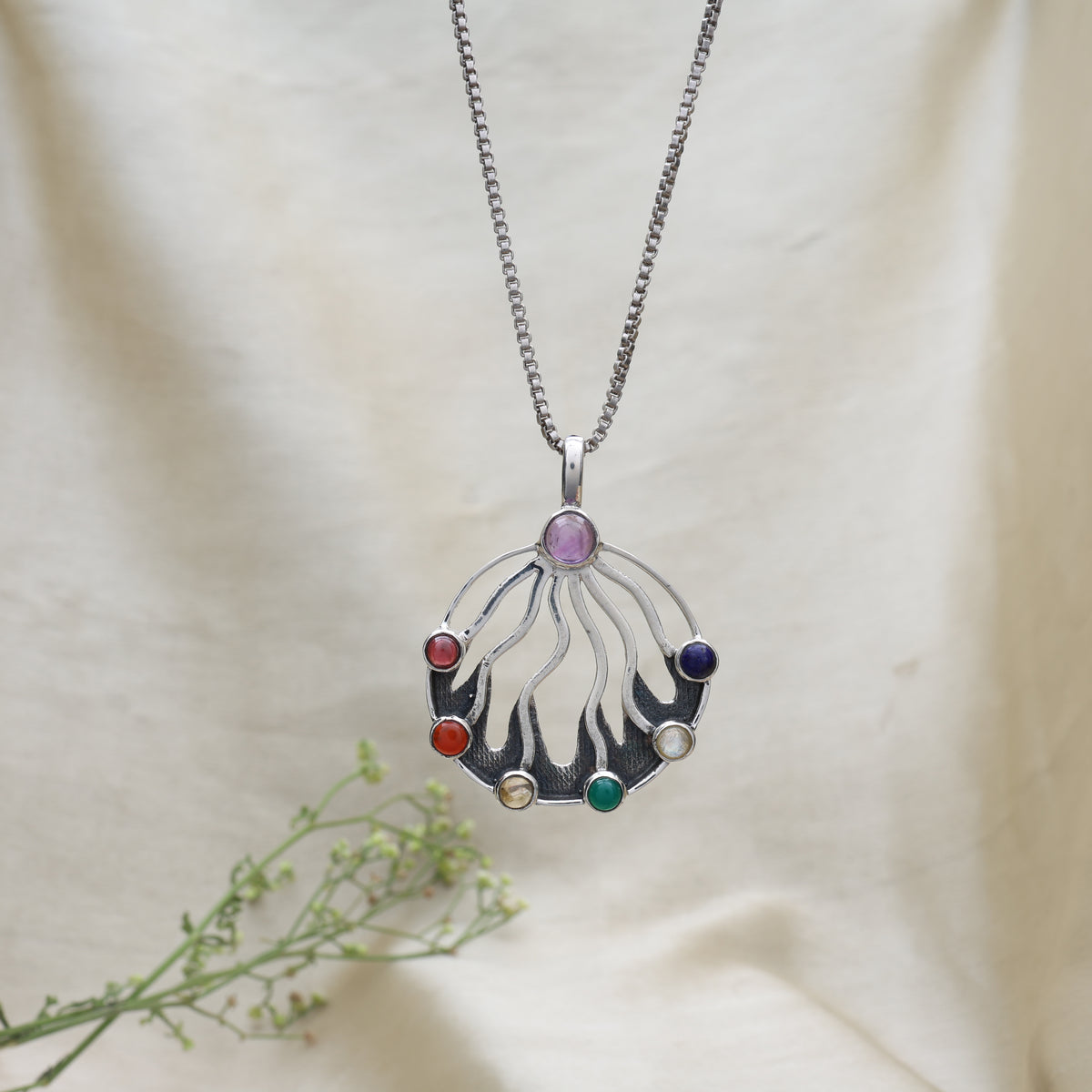 Sterling silver 7 chakra pendant necklace with natural gemstones