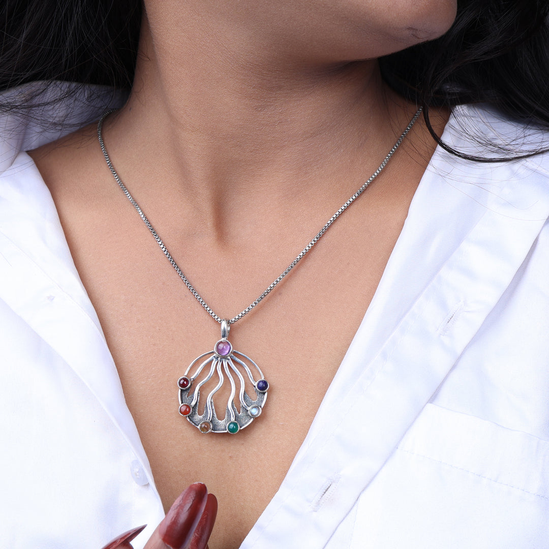 Sterling Silver 7 Chakra Pendant Necklace with Natural Gemstones