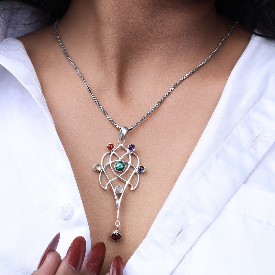 925 Sterling Silver Celtic Pendant Necklace with 7 Chakra Gemstones