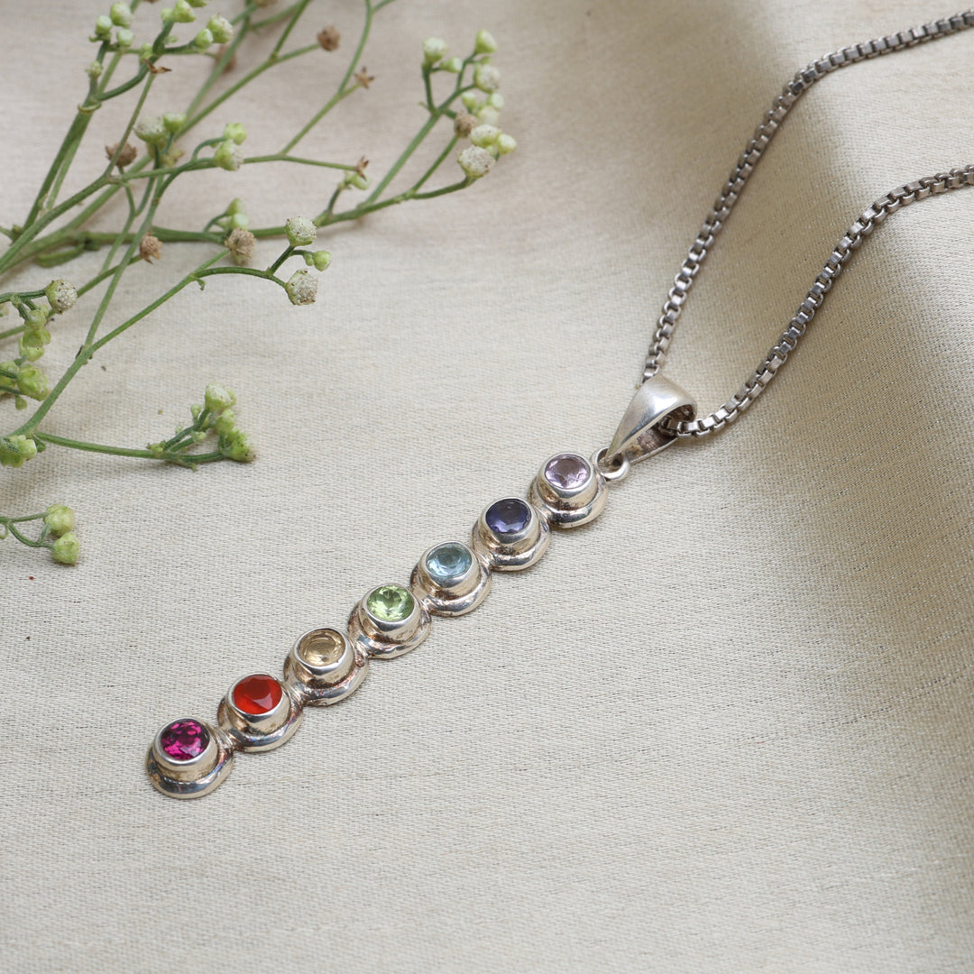 925 Sterling Silver 7 Chakra Stone Bar Pendant Necklace for Women