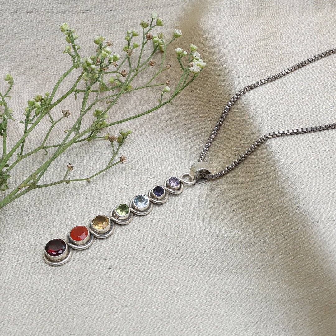 Sterling Silver 7 Chakra Vertical Pendant Necklace for Women