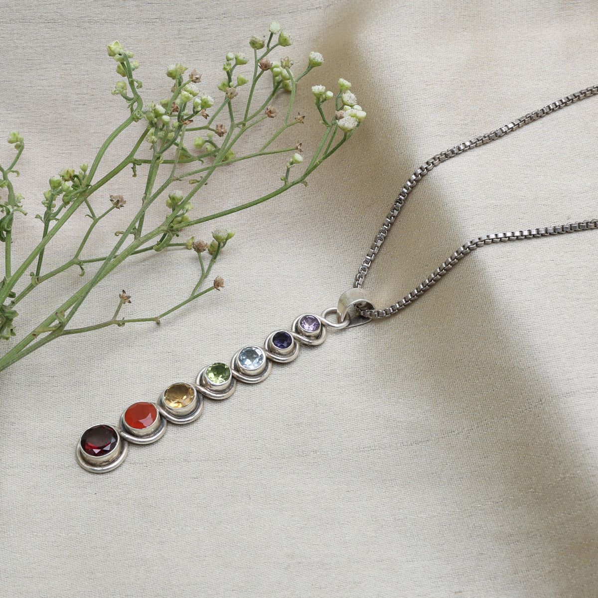 Sterling silver 7 chakra vertical pendant necklace for women