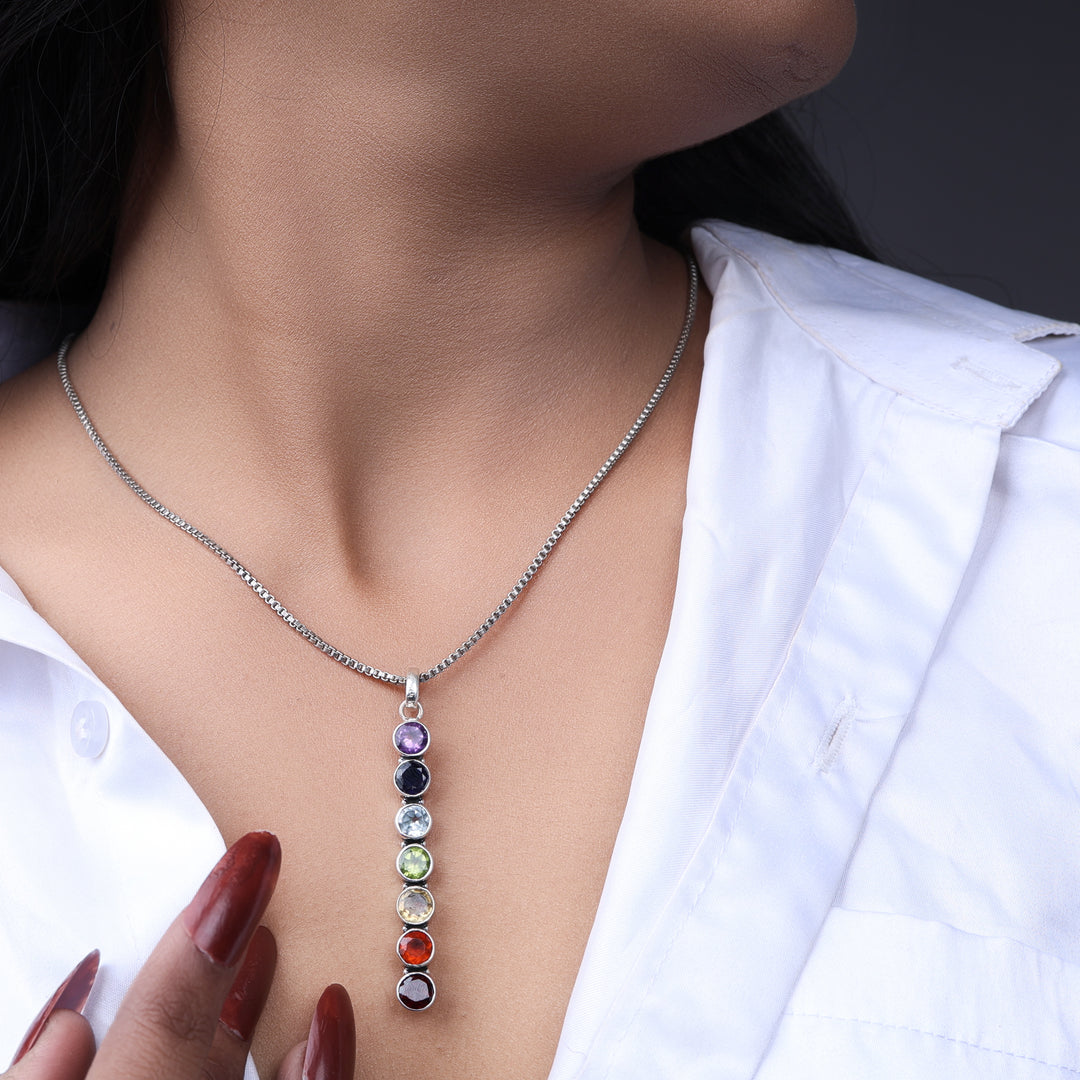 Sterling Silver 7 Chakra Vertical Pendant Necklace for Women