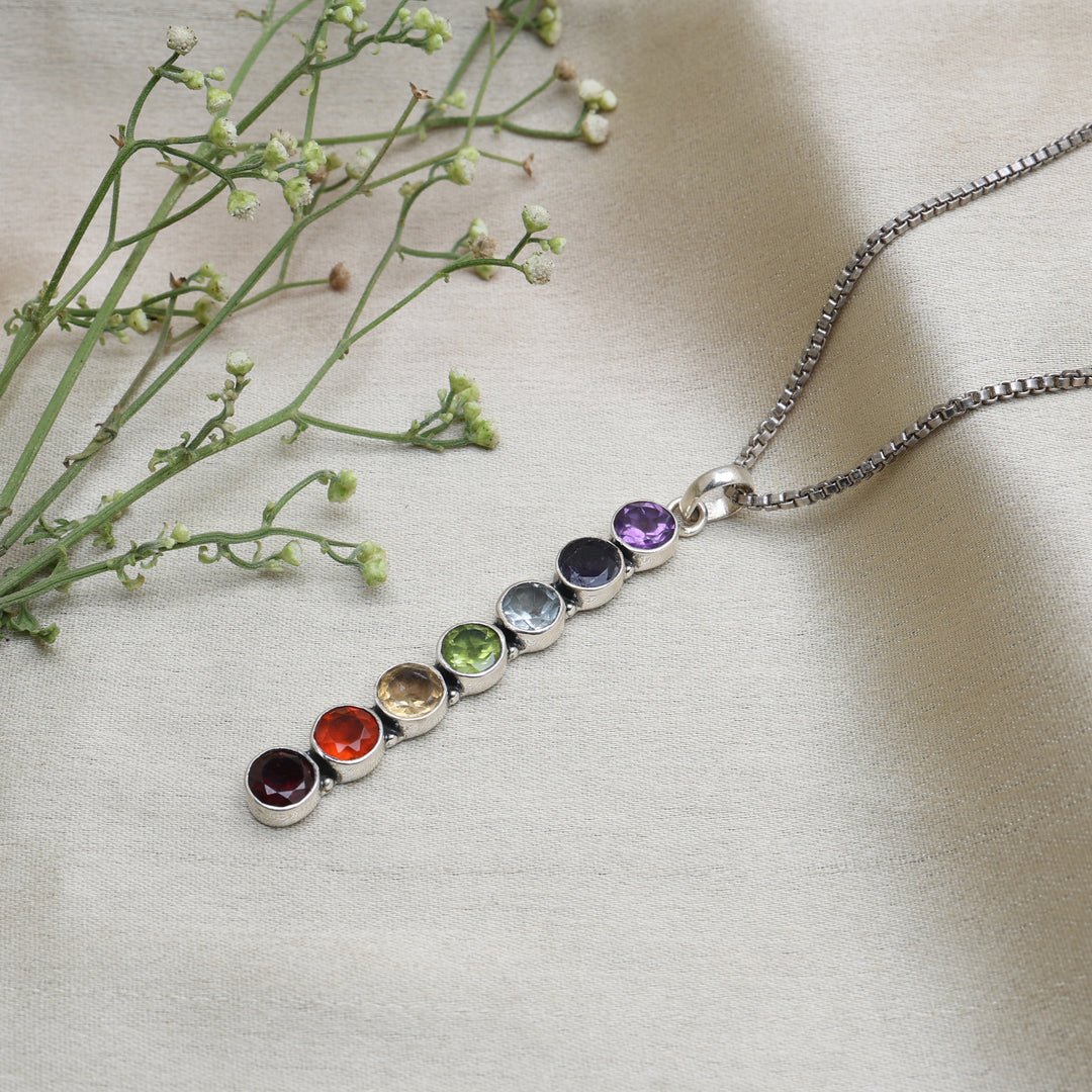 925 Sterling Silver Vertical Seven Chakra Gemstone Pendant Necklace