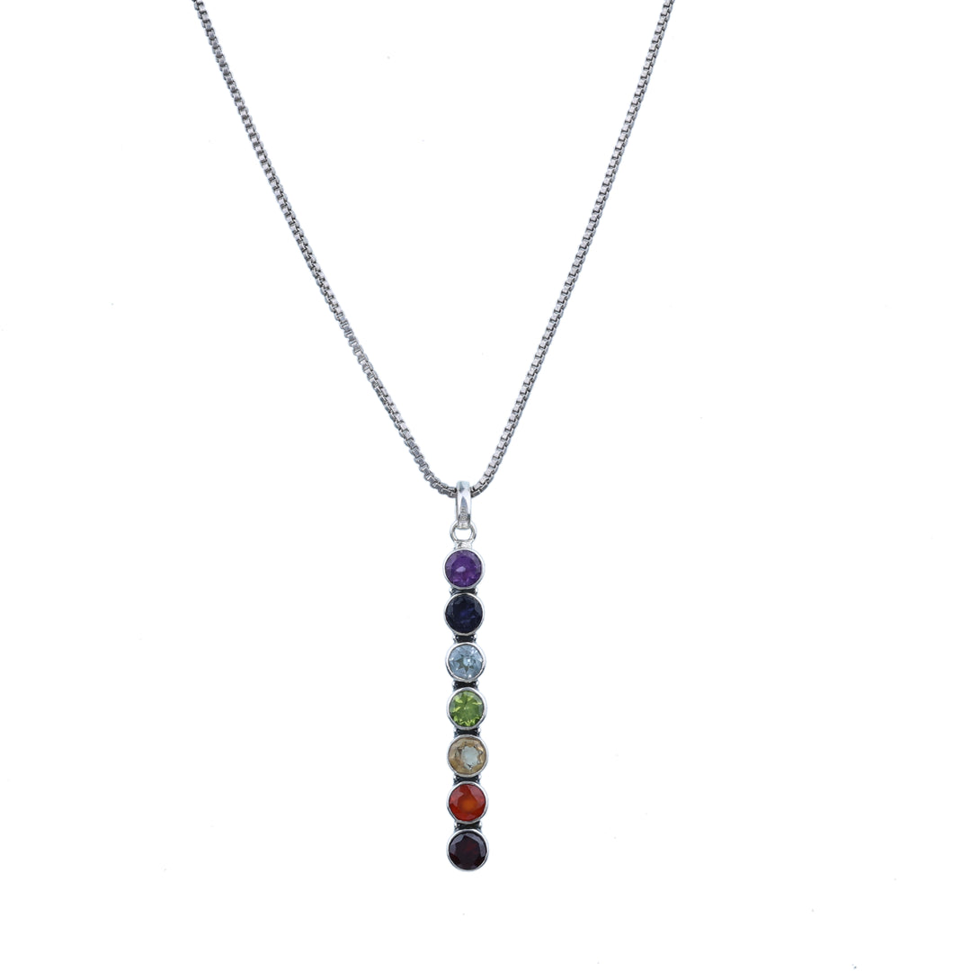 925 Sterling Silver Vertical Seven Chakra Gemstone Pendant Necklace