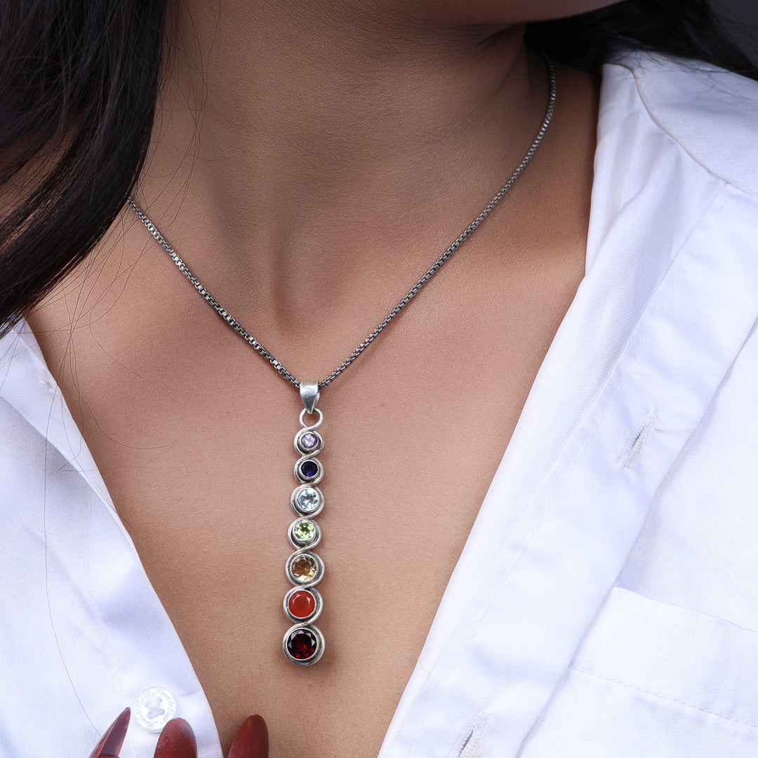 925 Sterling Silver Vertical Seven Chakra Gemstone Pendant Necklace