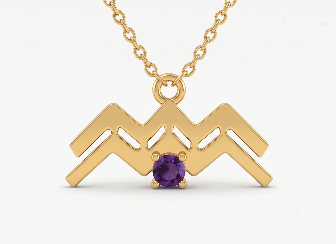 Gold plated 925 Silver Aquarius zodiac sign pendant necklace with a round purple Amethyst stone.