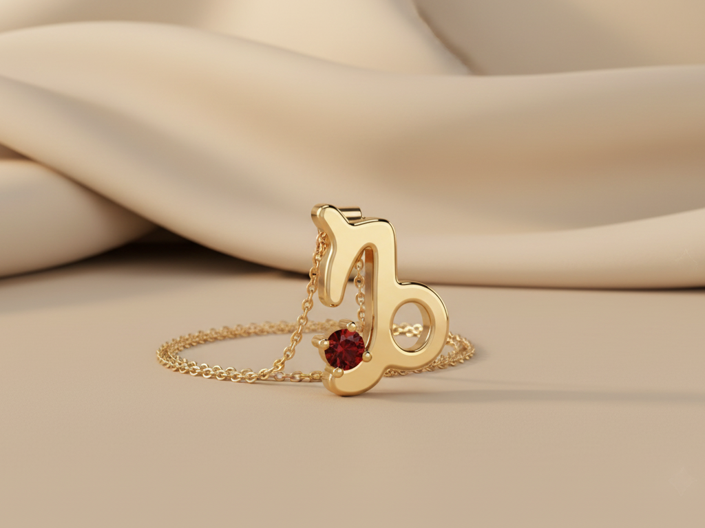 Gold Plated 925 Silver Capricorn Zodiac Necklace with Garnet colour Cubic Zirconia