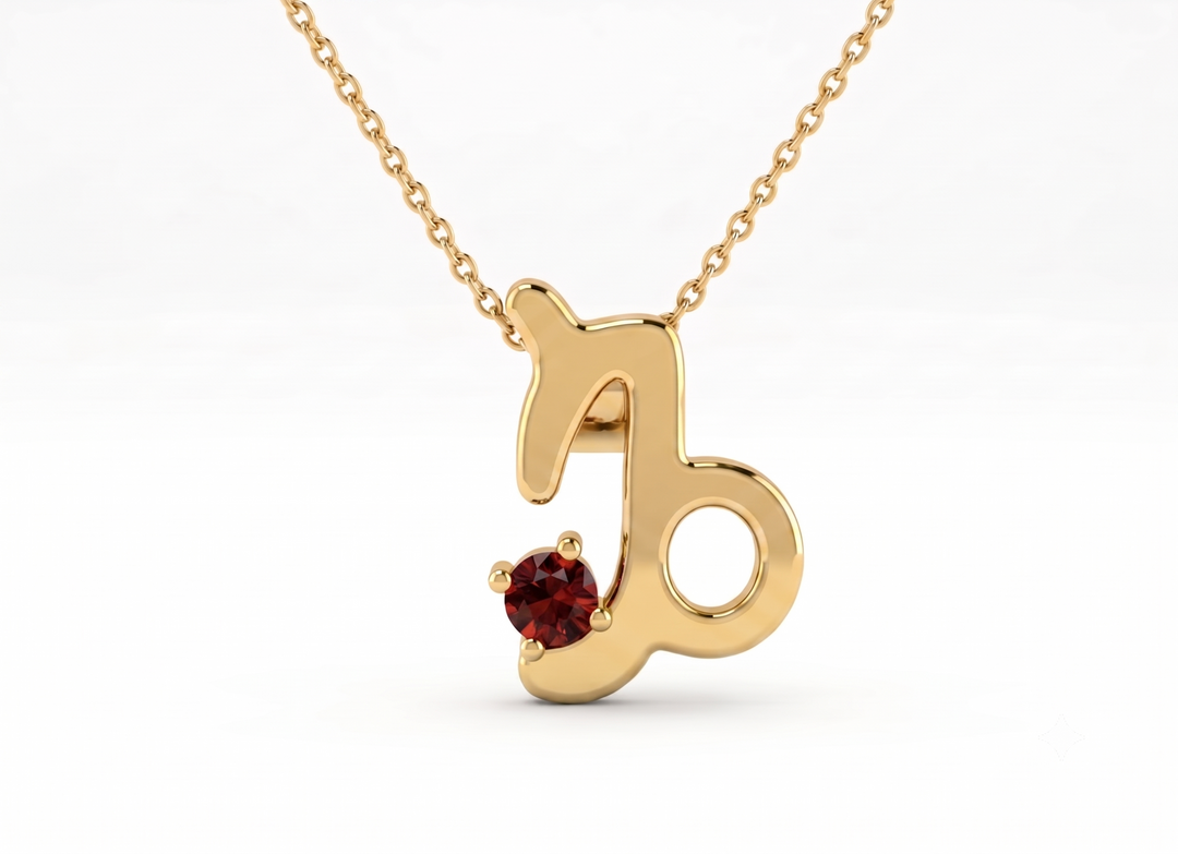 Gold Plated 925 Silver Capricorn Zodiac Necklace with Garnet colour Cubic Zirconia