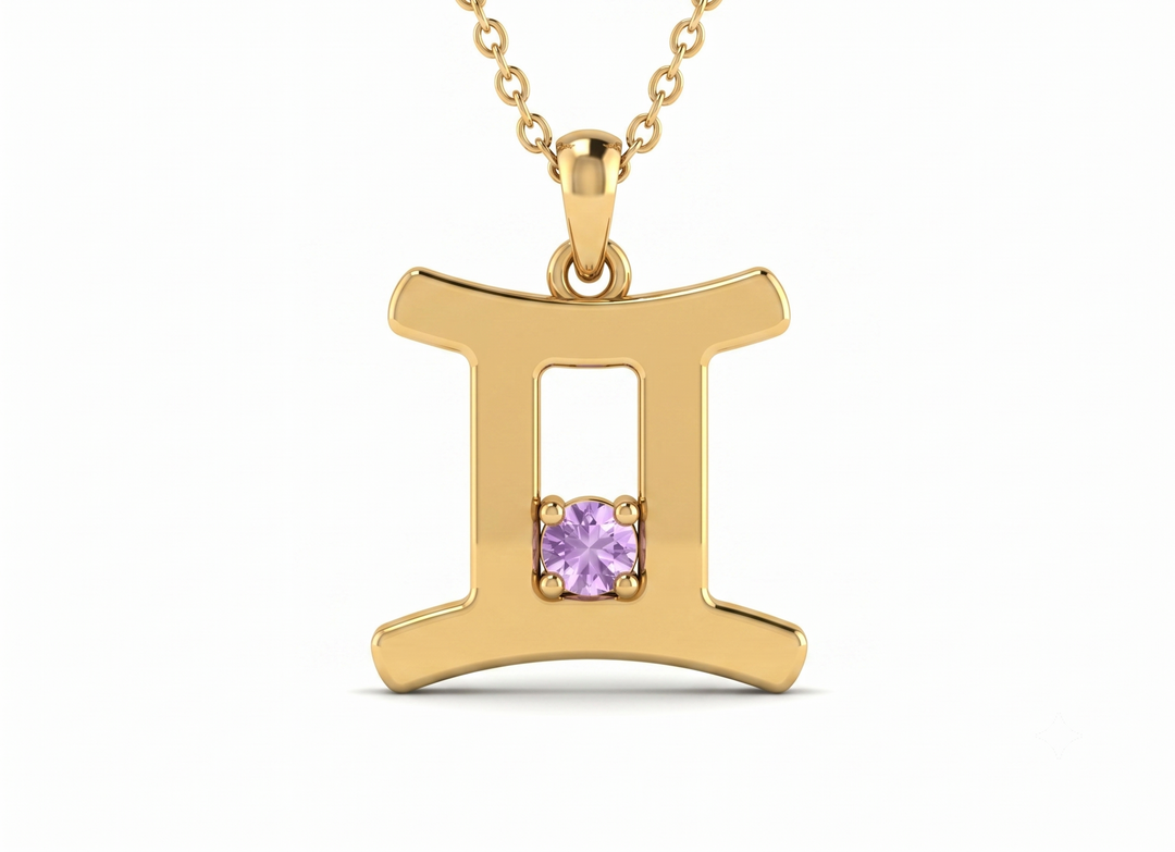 Gemini Zodiac Lavender colour Cubic Zirconia Pendant Necklace in Gold Plated 925 Silver