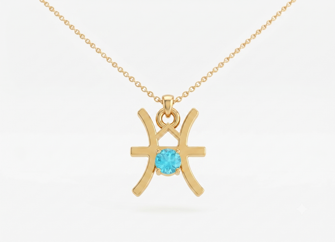 Pisces Zodiac Necklace Gold Plated 925 Silver with Aqua Blue Cubic Zirconia